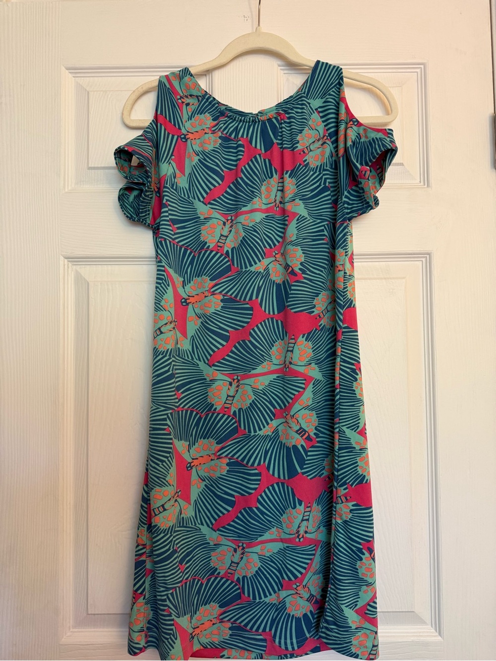Tracy Negoshian Teal and Hot Pink Cold-Shoulder Mini Dress